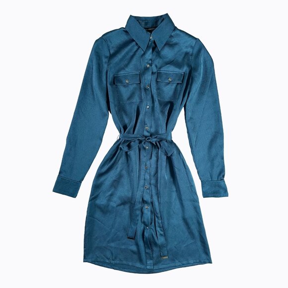 White House Black Market Dresses & Skirts - WHBM Belted Shirt Dress Long Sleeve Digital Teal Satin Sheen Y2K Preppy Chic 0/S